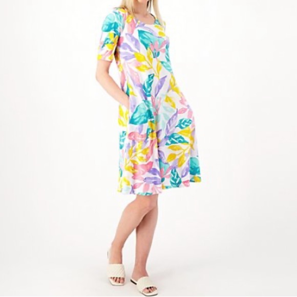 Susan Graver Regular Liquid Knit Fit & Flare Dress ~ Multi Tropical - Picture 6 of 6